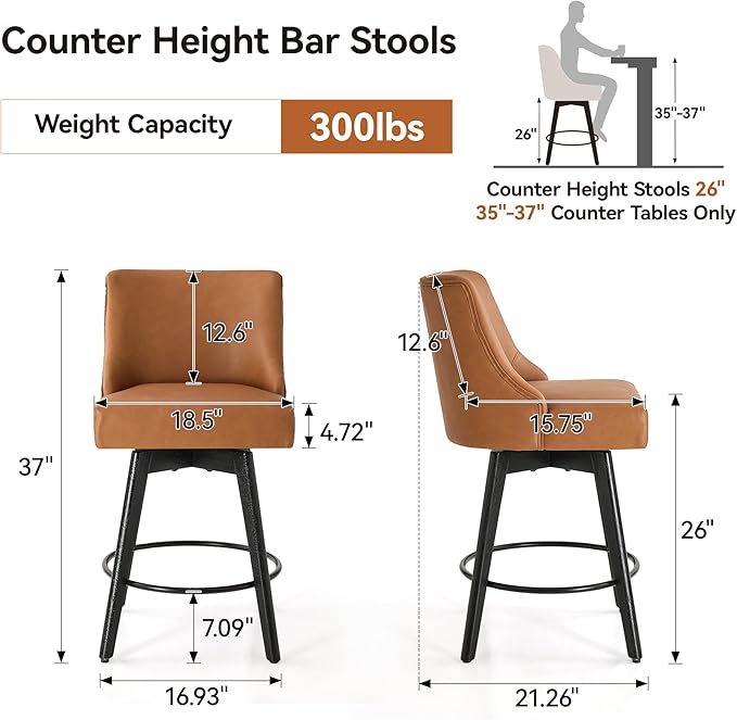 Vipbear Counter Height Bar Stools Set of 4, 26" H Swivel Bar Stools with Backs, PU Leather Upholstered Bar Chairs with Solid Wood Legs for Kitchen Island, Dining Room, Home Bar, Brown