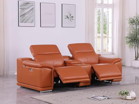 BlackJack Furniture Venice Top Grain Italian Leather Power Recline Loveseat Sofa - 93" Theater Seating Modern Couch for Living Room Apartment Lounge Home with Adjustable Headrests & USB Port, Camel