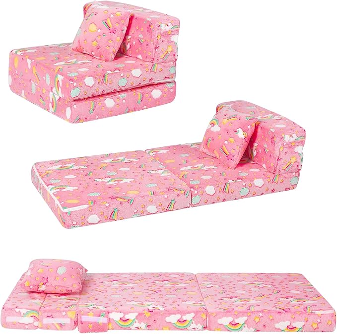 MeMoreCool Glow Tri-fold Sofa Bed for Kids, Folding Futon Mattress and Chair, Foldable Floor Couch for Playroom and Trifold Mattress for Sitting
