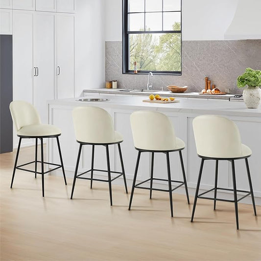 Swivel Bar Stools Set of 4, 26" H Upholstered Faux Leather Barstools with Backs,Counter Height Stools with Metal Legs for Kitchen Island,Cream,2 Box