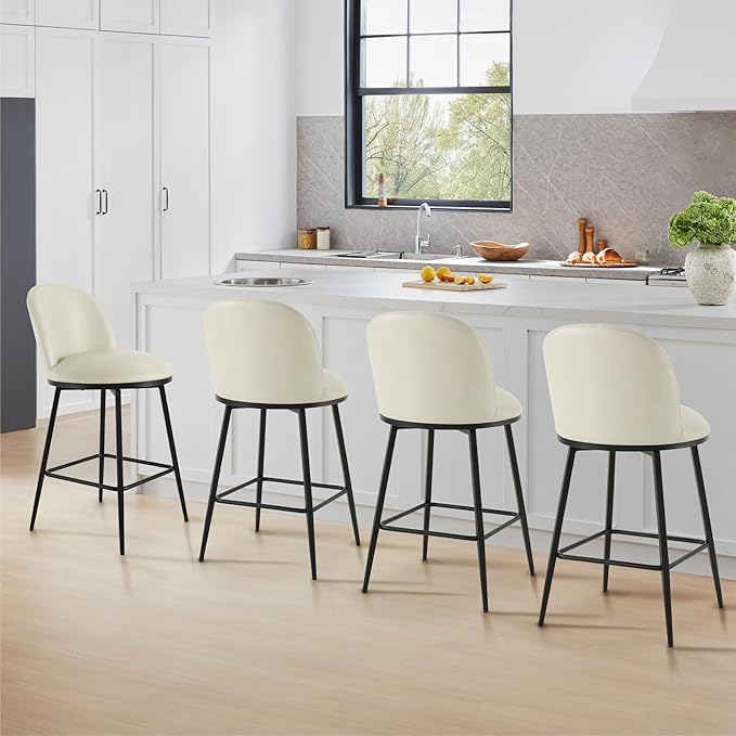 Swivel Bar Stools Set of 2, 26" H Upholstered Faux Leather Barstools with Backs,Counter Height Stools with Metal Legs for Kitchen Island,Cream,1 Box