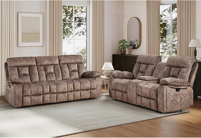 EBELLO 2 Pieces Recliner Sofa Couch Furniture Set, Overstuffed Reclining Loveseat Recliner Couch and Wide 3PC Bonded Sofa Set for Living Room, Brown