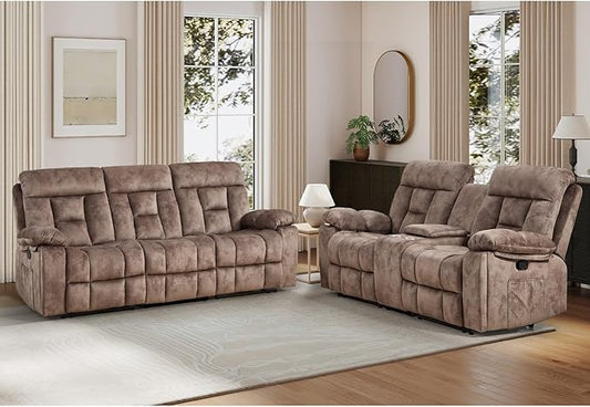 EBELLO 2 Pieces Recliner Sofa Couch Furniture Set, Overstuffed Reclining Loveseat Recliner Couch and Wide 3PC Bonded Sofa Set for Living Room, Brown