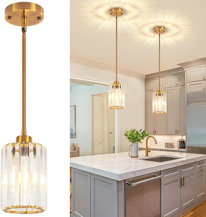 2 Pack Pendant Lights Kitchen Island, Modern Gold Crystal Pendant Lighting, Kitchen Hanging Light fixtures Mini Chandelier Pendant Lighting for Island Dining Room Hallway