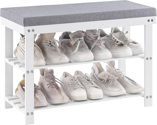 Apicizon 3-Tier Shoe Rack for Entryway, Bamboo Shoe Bench with Cushion Padded Seat, Small Shoe Organizer with Storage for Indoor Entrance Hallway Bedroom Living Room, White