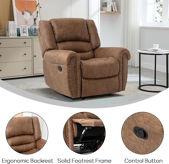 EBELLO Faux Leather Manual Recliner Chair, Classic Single Reclining Chair with Comfortable Armrest and Backrest, Furniture for Living Room, Bedroom, Brown