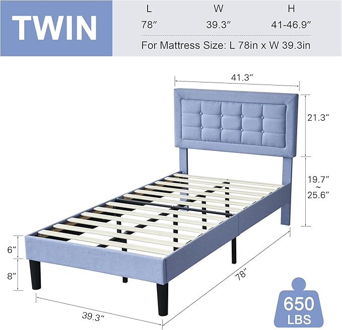 VECELO Twin Size Bed Frame with Adjustable Headboard, Upholstered Button Tufted Bedframe with Wood Slats Support, No Box Spring Needed, Light Blue