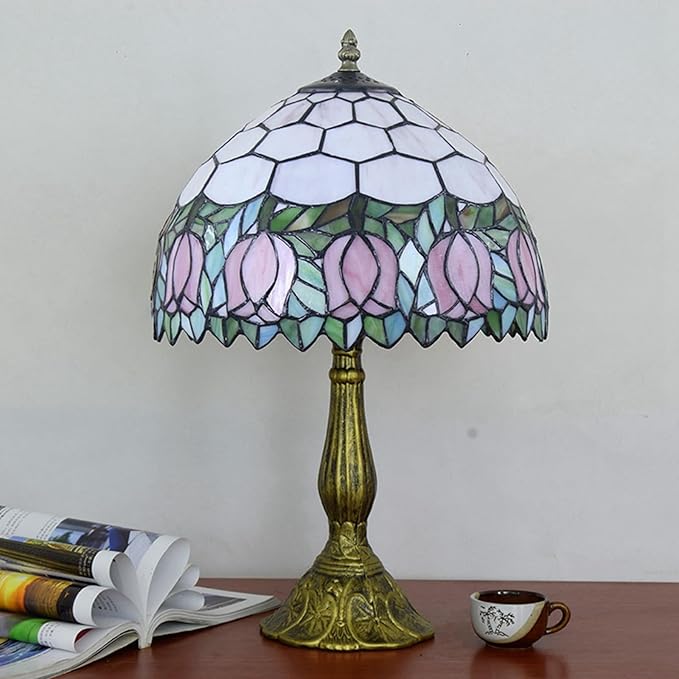 Tiffany Lamp Stained Glass Lamp Pink Tulip Bedroom Table lamp Reading Desk Light for Bedside Living Room Office Dormitory Dining Room Decorate Housewarming Gift 12X12X18 Include Light Bulb