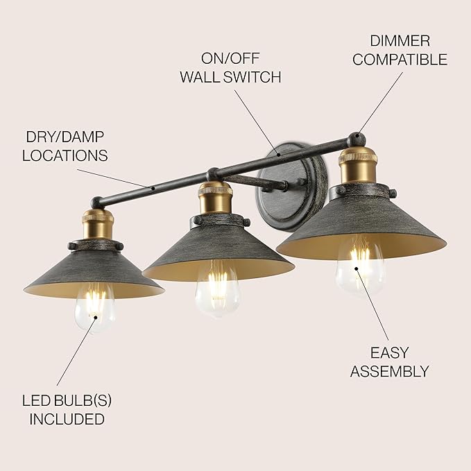 JONATHAN Y 7.88" Rustic Dark Gray/Brass Gold 1-Light Industrial Farmhouse Metal Vanity Light Wall Sconce, Metal Shade for Bathroom Mirror, Kitchen, Entryway, LED Bulb Included (JYL7428D)