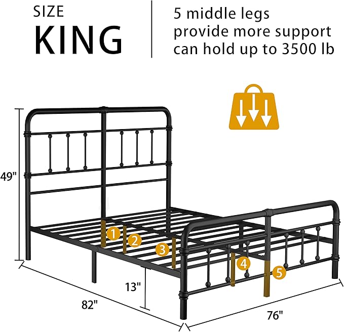 King-Bed-Frame-Metal-Platform Bed Frame with 49" High-Headboard - Solid Quite Easy Set Up Mattress Foundation No Box Spring Needed