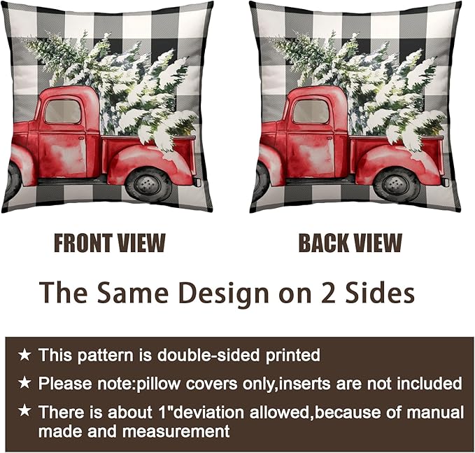 Christmas Black and White Check Pillow Covers 20 x 20 Set of 2 Buffalo Plaid Pillow Cover Christmas Tree Red Truck Pillow Protector Winter Holiday Decorations for Living Room