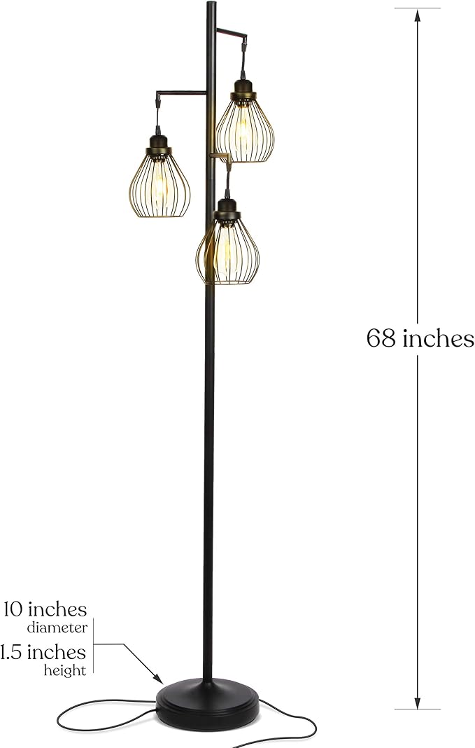 Brightech Teardrop - Modern LED Floor Lamp for Bedroom, Office, Living Room – Tall Industrial Standing Tree Lamp with 3 Elegant Cage Lamp Shades, Bright Edison Bulbs – Black