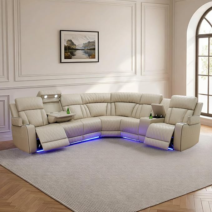 Power Leather Recliner Sectional Sofa with LED Light,L Shaped Reclining Couch with USB Charger/Cup Holder/Storage,Leather Sofa for Living Room Furniture Sets(Beige,Sectional)