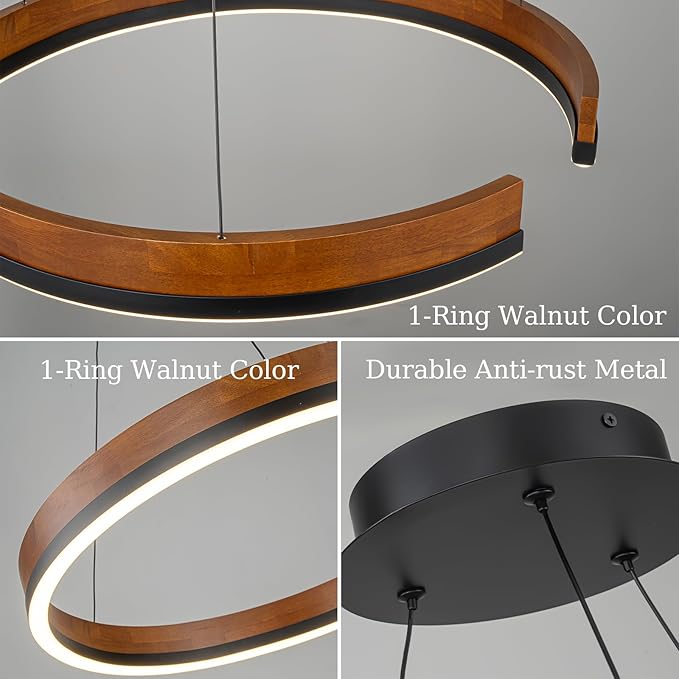 Modern Wood Chandelier, 24" Dimmable Round LED Chandelier Farmhouse Walnut Color Dining Room Light Fixtures for Entryway Kitchen Foyer