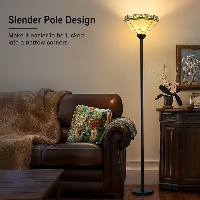 Seaside village Tiffany Floor Lamp, Torchiere Standing Lamp with Stained Glass Shade, Vintage Tall Pole Lamp with Foot Switch, Decorative Corner Light for Living Room Bedroom Home Office(E26 Base)