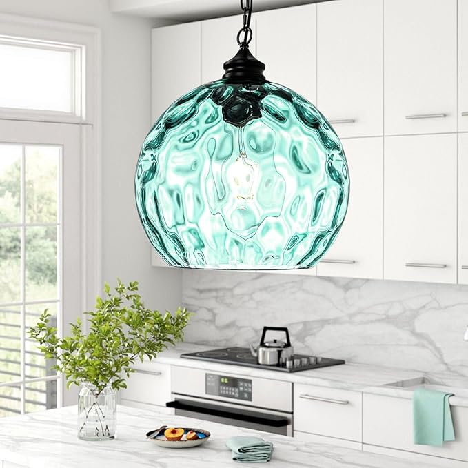 Large Glass Pendant Light for Kitchen Island, Vintage Pendant lamp with Green Glass Shade 1-Light Black Pendant Light Globe Hanging Pendant Lighting for Farmhouse Dining Room Bedroom