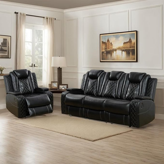 Breathing Leather Power Recliner Sofa Set, 2 Piece Leather Couch and Recliner Chair Set, Living Room Furniture Set with USB Charging/LED Lights (Black, Sofa+Chair)
