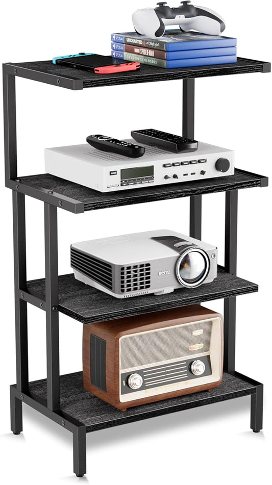 Aquzee Media Stand, Gaming Shelf, 4 Tier Small Electronics Shelves Video Game Console Organizer Cabinet, Wood Stereo Racks AV Shelves for Entertainment Center Storage, Recreation Room Furniture,Black