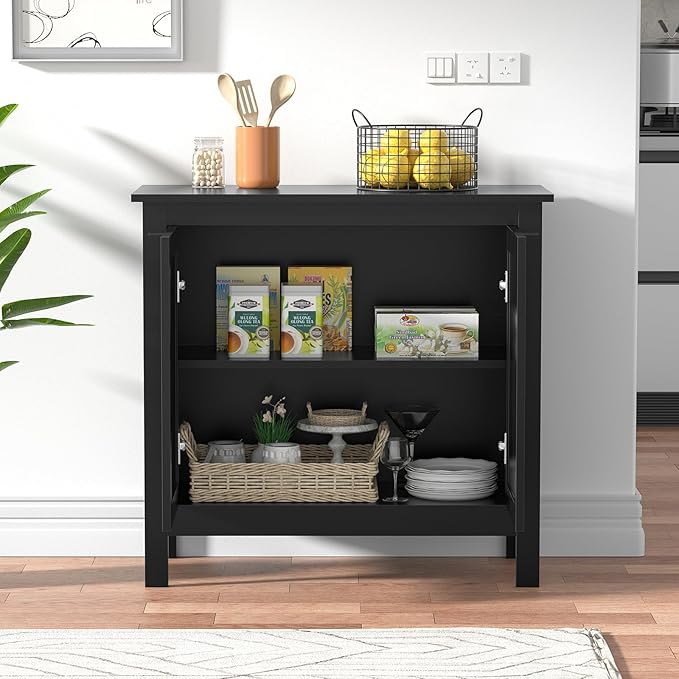 Giluta Black Sideboard Buffet Cabinet, Farmhouse Kitchen Storage Cabinets with 2 Rattan Doors, 30''H Boho Cabinet with Solid Wood Feet for Entryway, Living Room, Hallway