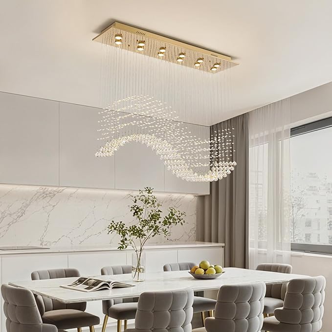 Siljoy 10-Lights Modern Crystal Chandeliers, Luxury Wave Raindrop Crystal Pedant Light Fixture, Rectangular Flush Mount Ceiling Light for Dining Room Living Room Kitchen Island 47 Inch
