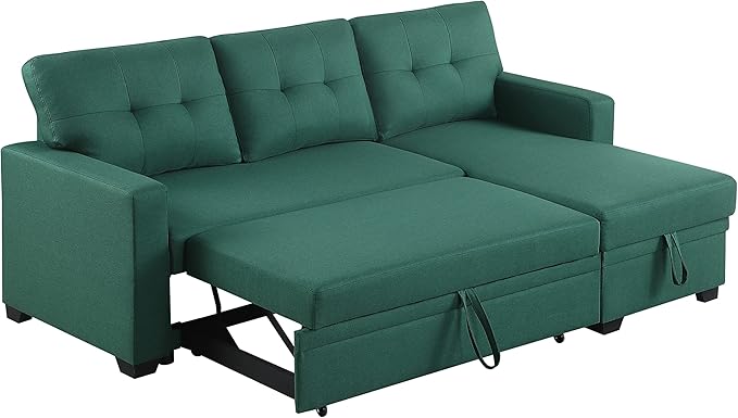 ACQCA 82" Convertible Sectional Sleeper Sofa with Storage Chaise, L Shaped Pull Out Couch Bed with 3 Tufted Back Cushion for Living Room, Apartment,Office,Green