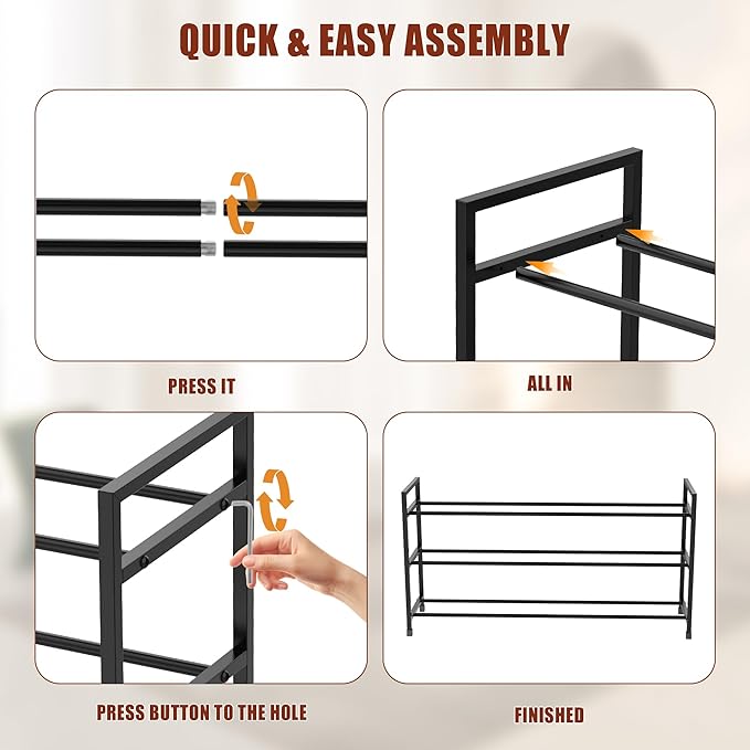 3-Tier Shoe Rack Storage Organizer for Closet, Small Space, Front Door, Sturdy Metal, Black