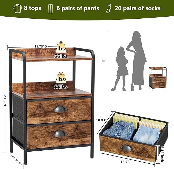 Night Stand with 2 Fabric Drawer and Sturdy Metal Frame, Lightweight & Durable -55LB Load Capacity, Wear-Resistant & Easy-Clean Surface,Rustic Brown Modern