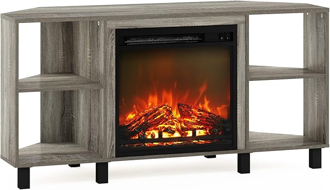 Furinno Jensen Corner Fireplace TV Stand with 4 Open Compartments for TV up to 55 Inches, French Oak Grey