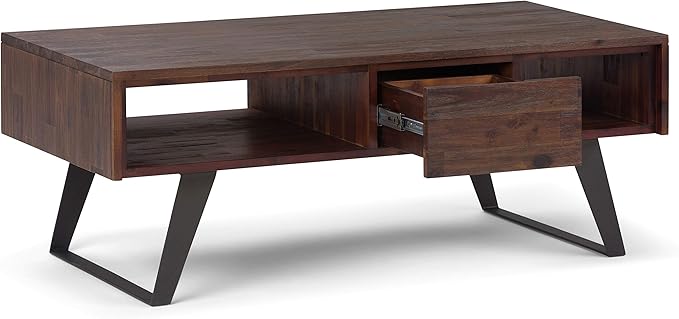 SIMPLIHOME Lowry Coffee Table - 48 inch Wide Solid Acacia Wood and Metal Living Room Table in Distressed Charcoal Brown, Modern Industrial Cocktail Table for Family Room with Drawers and Open Storage