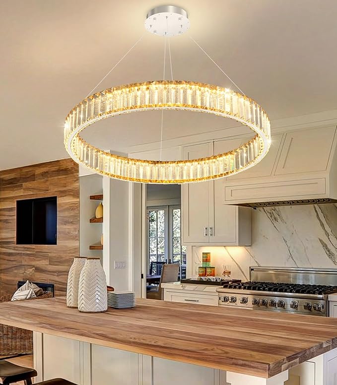 24'' Modern Ring Chandelier Crystal Chandeliers for Dining Room Round LED Dimmable Ceiling Light Fixture for Living Room Bedroom Lighting Silver
