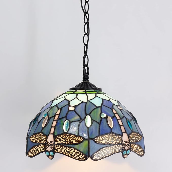 Tiffany Pendant Light Plug in Stained Glass Hanging Lamp Wide 12 Inch, Chain 33 Inch, Cord 15 Feet -Sea Blue Dragonfly