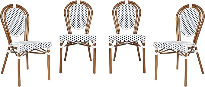 Flash Furniture Lourdes Indoor/Outdoor Commercial Thonet Bistro Stack Chair - White/Navy PE Rattan Back and Seat - Natural Bamboo Print Metal Frame - Set of 4