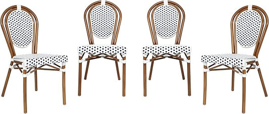 Flash Furniture Lourdes Indoor/Outdoor Commercial Thonet Bistro Stack Chair - White/Navy PE Rattan Back and Seat - Natural Bamboo Print Metal Frame - Set of 4