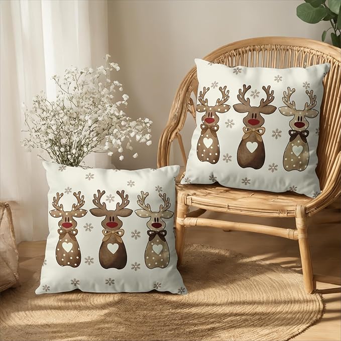 Christmas Reindeer Snowflakes Pillow Covers 22x22 Set of 2 Xmas Polka Dot Love Heart Bow Brown Elk Deer Throw Pillows Cute Winter Holiday Farmhouse Outdoor Cushion Cases for Sofa Couch