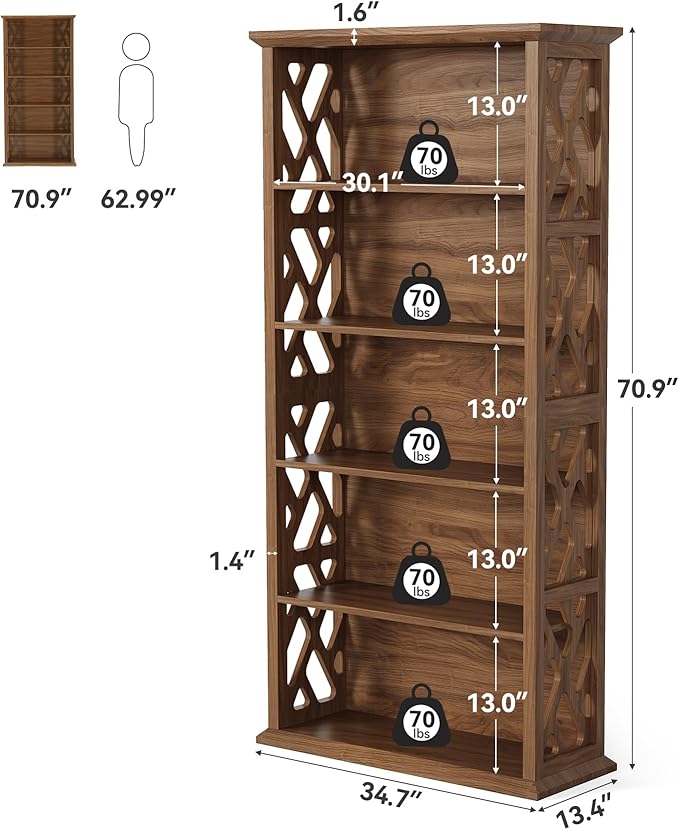 LITTLE TREE Wooden Bookshelf, Farmhouse 5-Shelf Bookcase, 70.9" Bookshelves and Bookcases, Office Bookshelf for Living Room, Bedroom, Kitchen, Home Office, Vintage Openwork Design, Rustic Brown