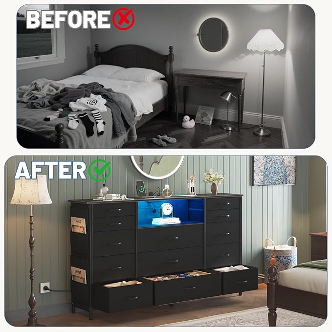 HCHQHS Dresser for Bedroom with 13 Drawers, 47 Inch Fabric Dresser with Remote Control Lights, Side Pockets & Hooks for Closet or Large TV Stand (Black)