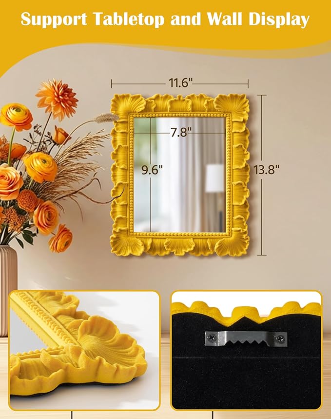 Mirror Wall Decor with Resin Leaf Frame and Flocking Finish for Warm Room Makeover, 14x12 Decorative Wall-Mounted Mirror for Bathroom Hallway Entryway Staircase Art Gallery (Yellow-Orange)