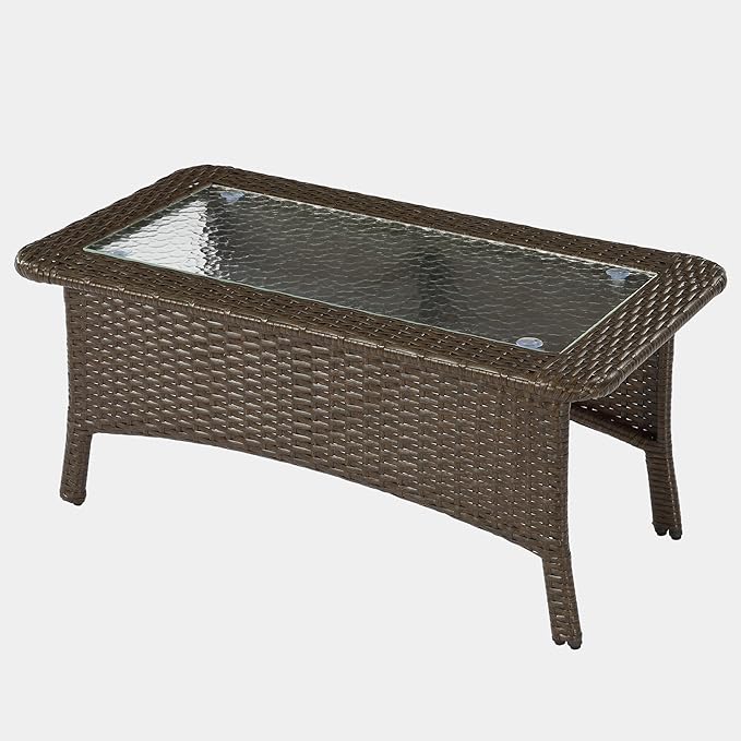 Tribesigns Outdoor Wicker Coffee Table with Hammered Glass Top, Hand PE Rattan Wicker Patio Furniture Set, All-Weather Rectangular Patio Table for Deck, Backyard, Porch, Poolside