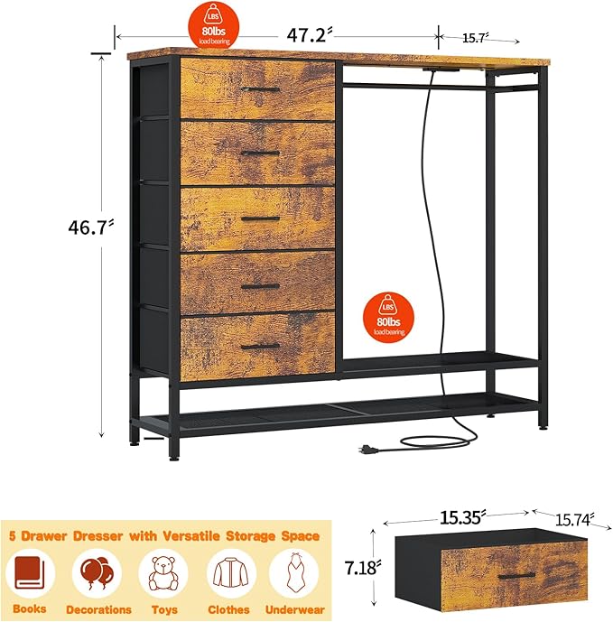 Dresser for Bedroom, Dresser with Hanging Rack Led Lights and Charging Station, Bedroom Dresser with 5 Fabric Chest of Drawers with PU Finish Storage Organizer, for Living Room Hallway Closet, Brown