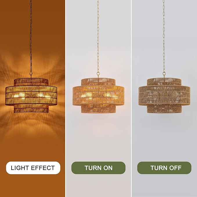 23.6" Rattan Chandelier Light Fixture 6-Light Vintage Farmhouse Hand-Woven Boho Bamboo Rattan Chandelier 3-Tier Drum Wicker Gold Chandeliers for Dining Room, Kitchen, Living Room
