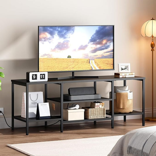 HOOBRO TV Stand with Power Outlets to 65 Inches, TV Console Table with Open Storage Shelves, Industrial Media Entertainment Center for Living Room Bedroom, Black BB40DS01
