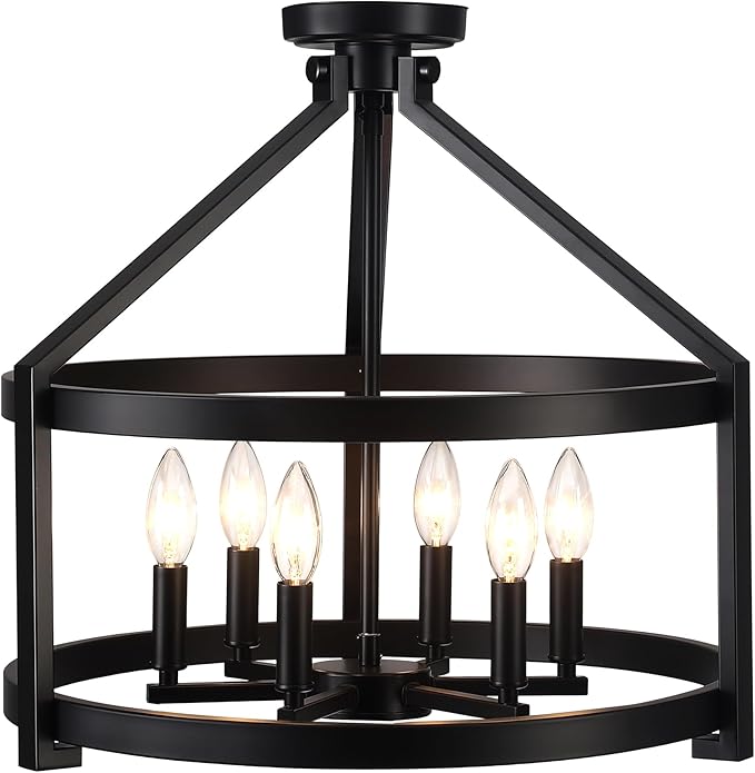 Black Farmhouse Chandelier for Dining Room,6-Light Modern Hanging Drum Chandeliers,20" Rustic Convertible Semi Flush Mount Ceiling Pendant Light Fixture for Kitchen Island Foyer Entryway Bedroom