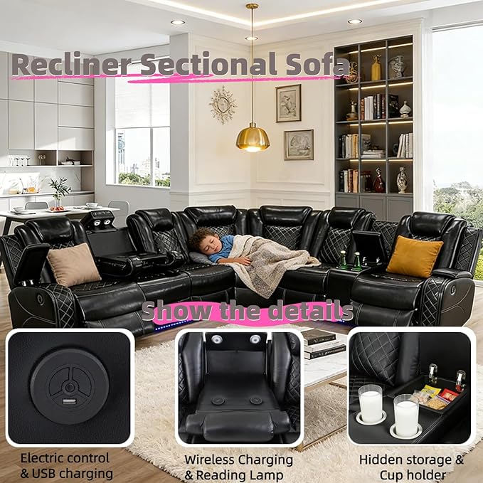 Power Reclining Sectional Sofa Set with LED, Living Room Furniture Sets, Leather Recliner Couch for Living Room/Home Theater, Sectional Couch and Chair with 3 Recliners, USB Port/Hide-Away Storage