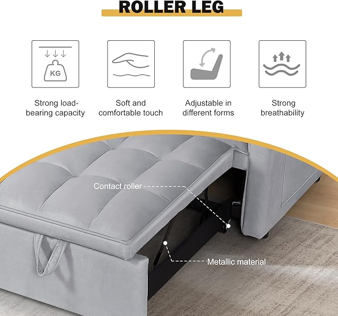 3 in 1 Convertible Sofa Bed, Love Seat Sleeper Bed with Side Pockets, Velvet Fabric Pull Out Couch with Adjustable Backrest for Living Room, Bedroom, Apartment, Gray