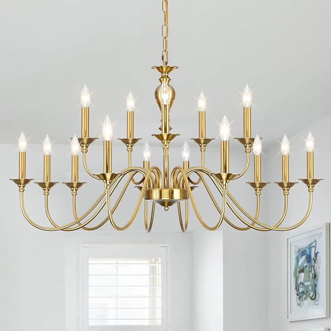 15 Light Gold Chandelier | Large Farmhouse Chandeliers for Dining Room Light Fixtures Over Table | Industrial Candle Hanging Lighting for Foyer | Staircase | Bedroom | Kitchen Island | Restaurants