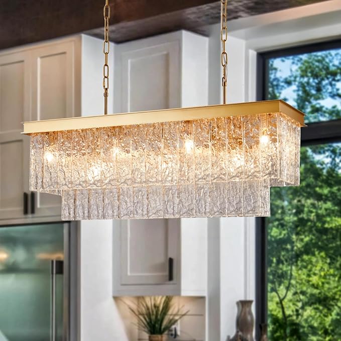 35.4 Inch 11-Light E12 Modern Dining Room Chandelier, Kitchen Island Chandelier Black Rectangular, Water Ripple Glass Adjustable Hanging Ceiling Light Fixture