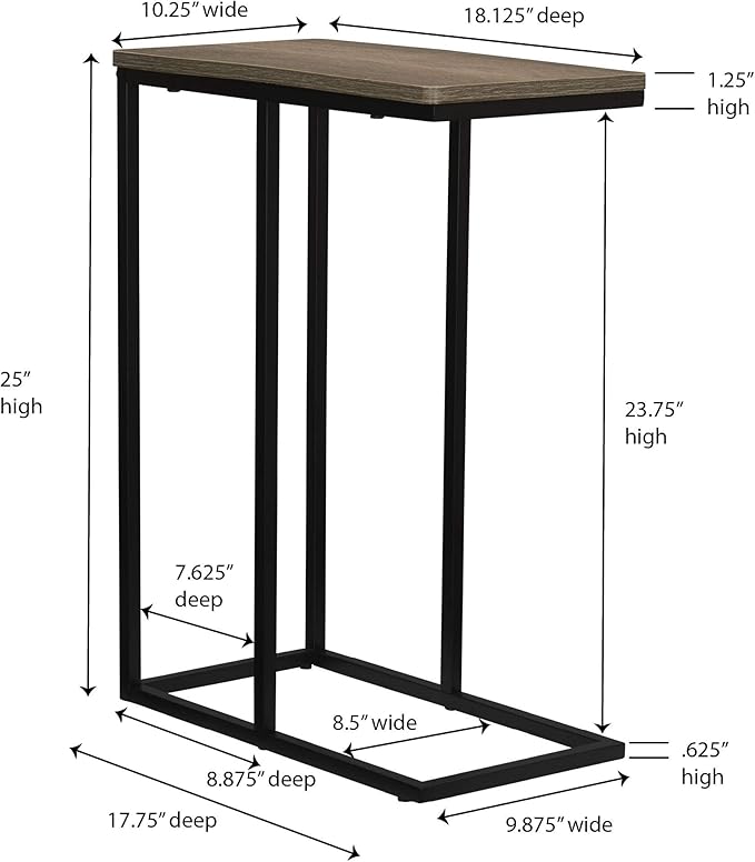 Household Essentials Ashwood Industrial Narrow End Table | Metal C Shaped Frame and Rectangle Faux Wood Top, C Table
