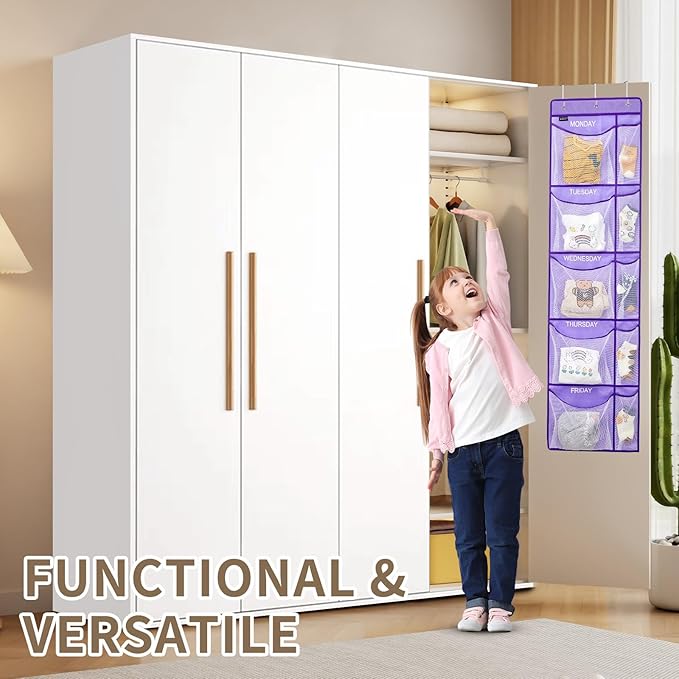 Weekly Clothes Organizer for Kids, Monday to Friday Hanging Closet Organizer, 5-Shelf Large Capacity School Storage with Side Pockets, Purple (Quantity 2)