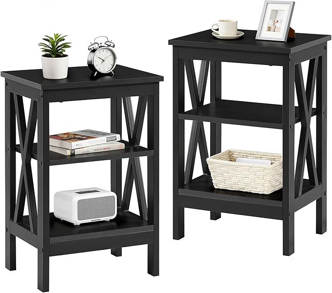 VECELO End Table Set of 2, Bedside Table, 24" Tall Living Room End Tables, X-Design Reinforced Nightstands, Side Table with 3-Tier Storage Shelves for Small Spaces, Office, Bathroom, Bedroom, Black