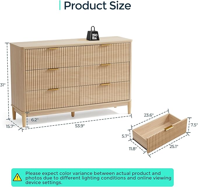 LINSY HOME Fluted Dresser for Bedroom with 6 Drawers, 54" Wide Mid Century Modern Dressers, Tall Boho Chest of Drawers, Large Wood Accent Storage Cabinet for Living Room, Curved Profile Design, Oak